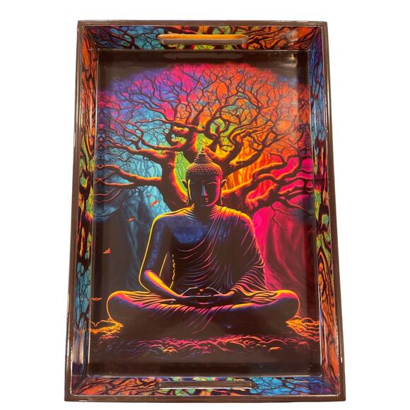 New 14 x 10 Colorful Meditating Buddha Acrylic and Wood Tray - Picture 1 of 2